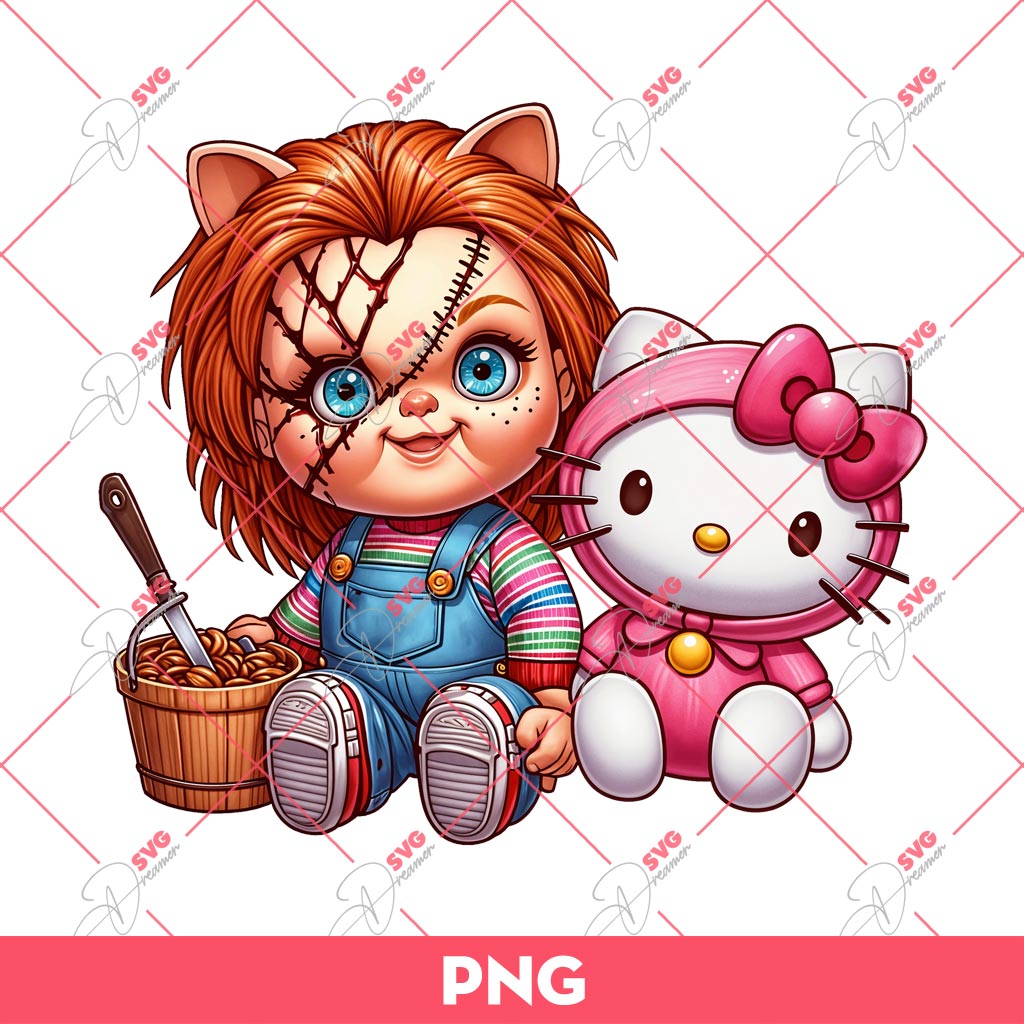 Chucky Doll And Hello Kitty PNG, Cute Horror Character PNG