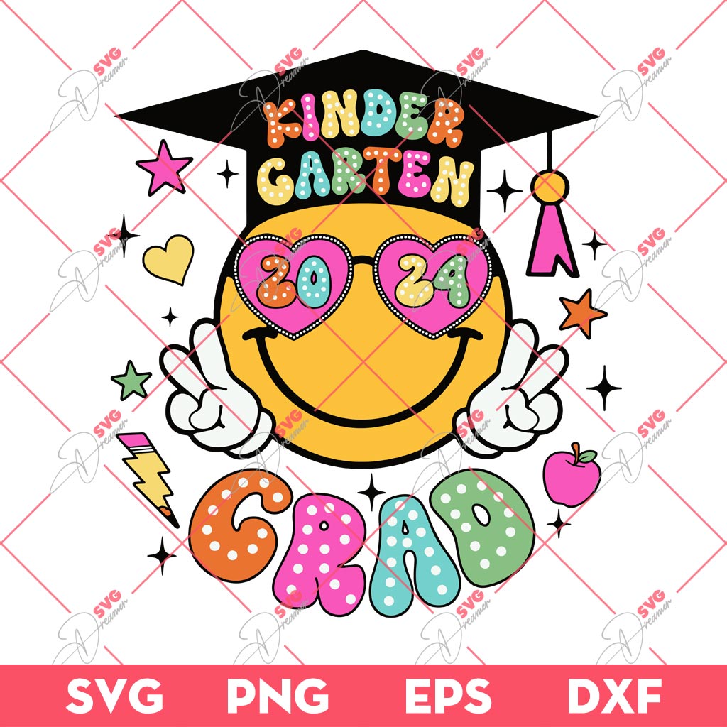 Groovy Kindergarten Graduate 2024 SVG, Smiley Face Graduation 2024 SVG PNG
