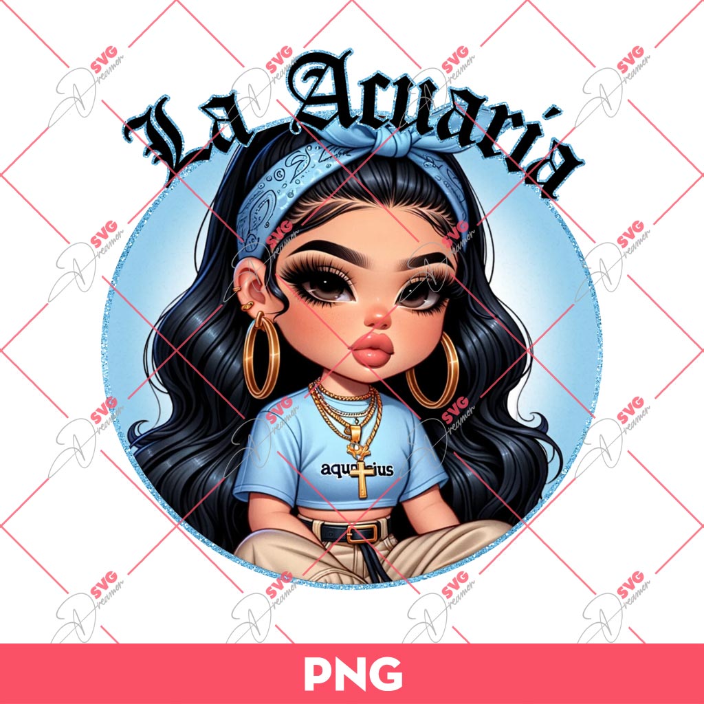 La Acuaria Chicana Girl PNG, Cute Latina Girl Zodiac Signs PNG