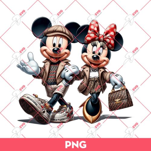 Mickey And Minnie Wearing Fendi Fashion PNG, Disney Mouse Fendi Outfits PNG