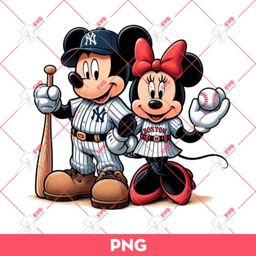 Mickey NY Yankees And Minnie Boston Red Sox PNG, Mickey And Minnie Baseball PNG