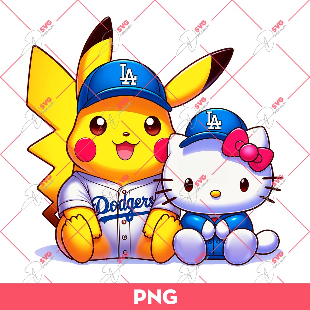 Pikachu And Hello Kitty LA Dodgers PNG, Hello Kitty And Pikachu Baseball PNG