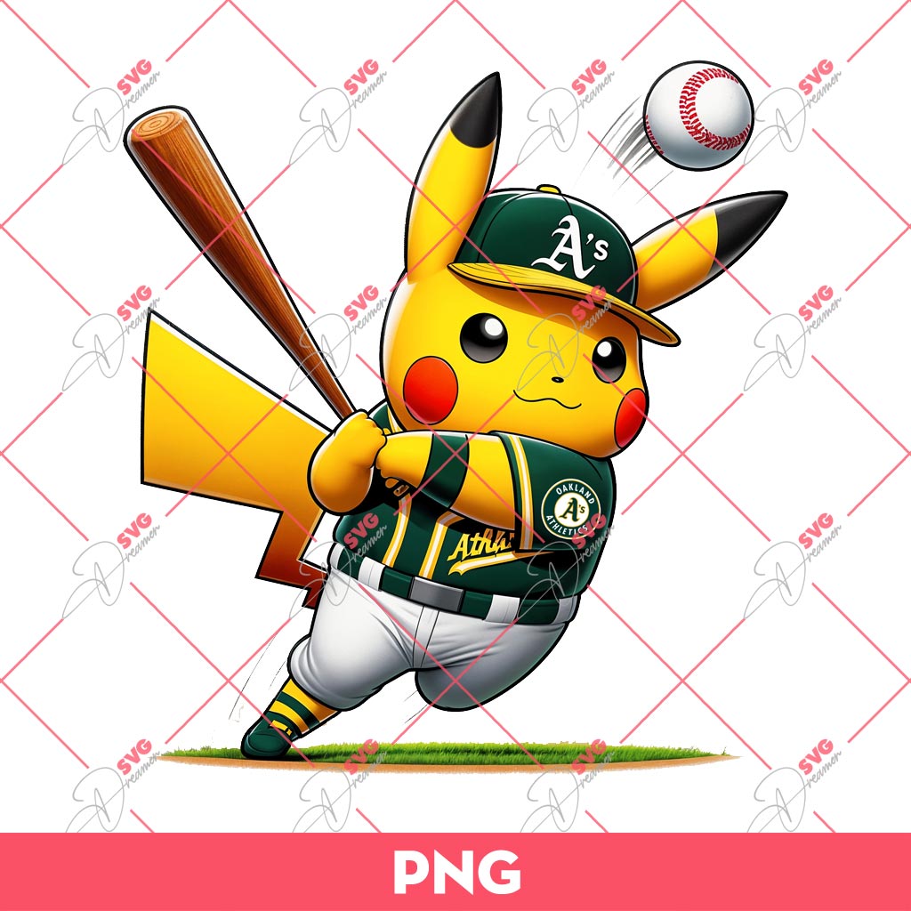Pikachu Athletics Baseball PNG, Pikachu Oakland Athletics Player PNG