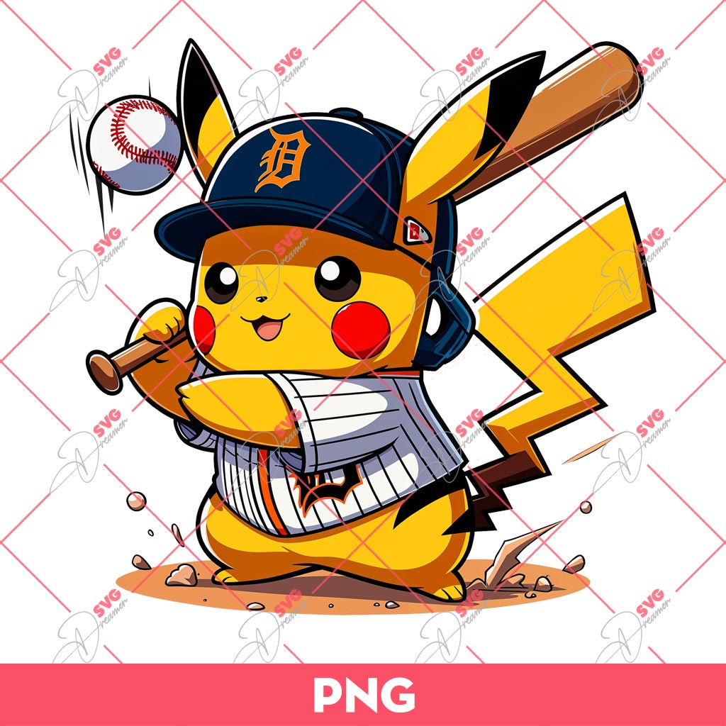 Pikachu Detroit Tigers PNG, Pikachu Tigers Team Baseball Player PNG