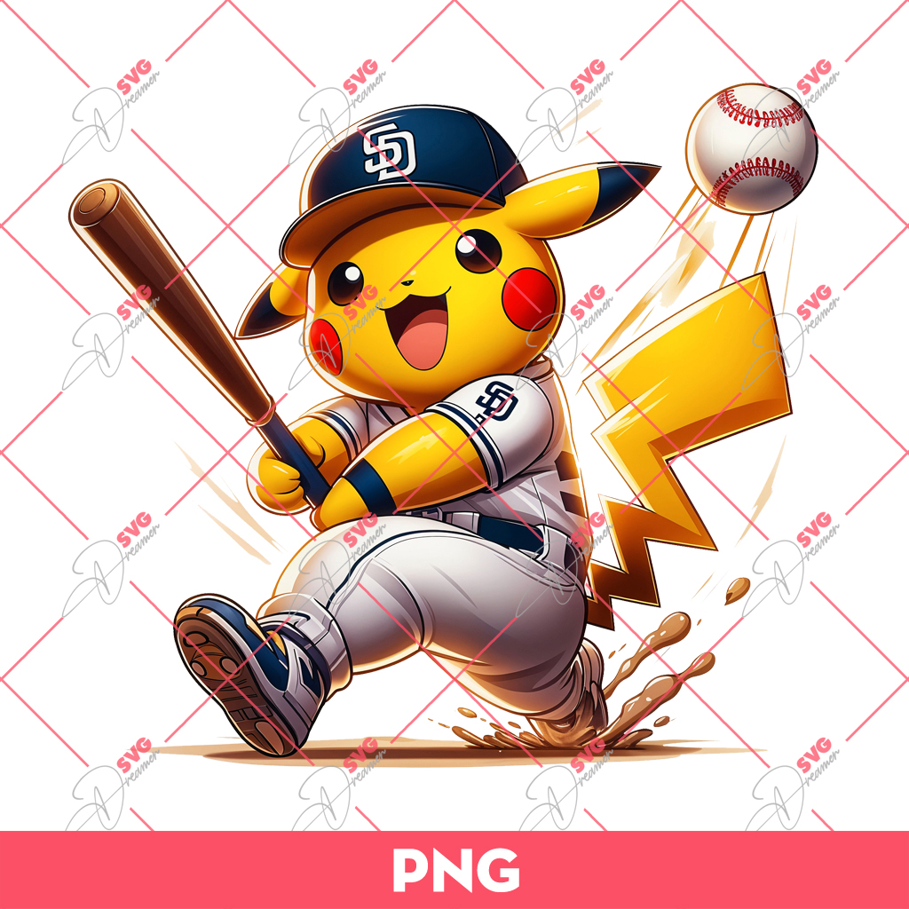Pikachu San Diego Padres Baseball Player PNG, Pikachu Playing Baseball PNG, Pokemon Pikachu SD Padres MLB PNG