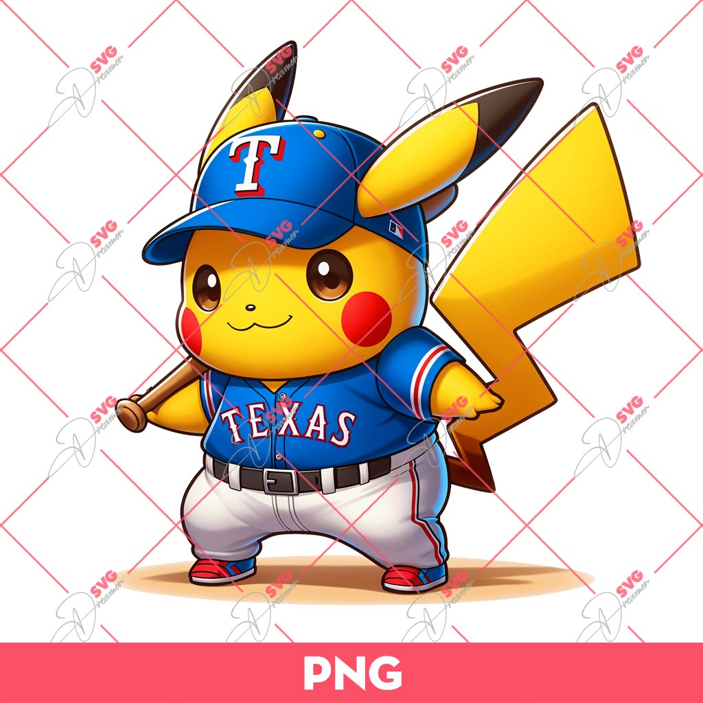 Pikachu Texas Rangers Baseball PNG, Pokemon Pikachu Rangers Player MLB PNG