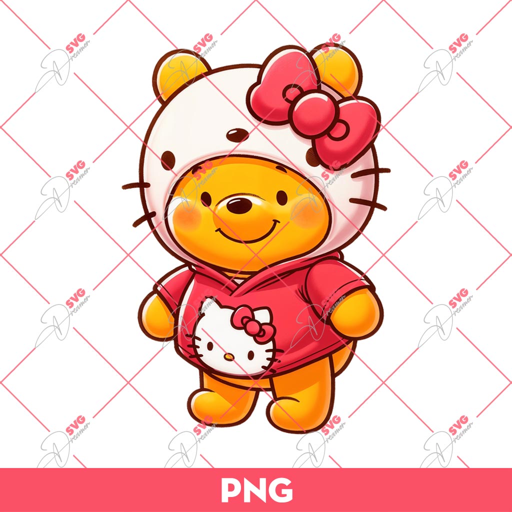 Winnie The Pooh Wearing Hello Kitty Outfits PNG, Kitty Pooh PNG