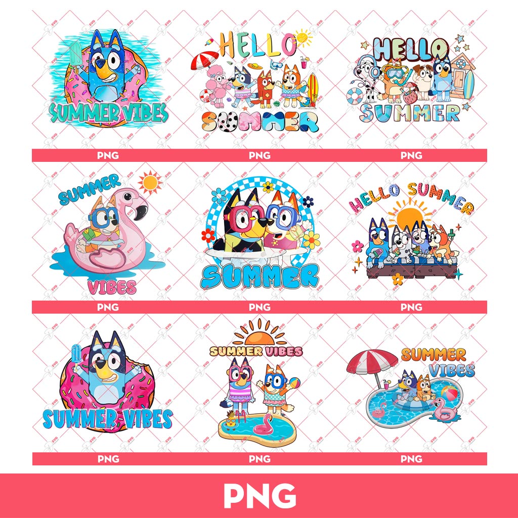 Bundle Bluey Bingo Summer Vibes PNG, Hello Summer Bluey PNG Bundle