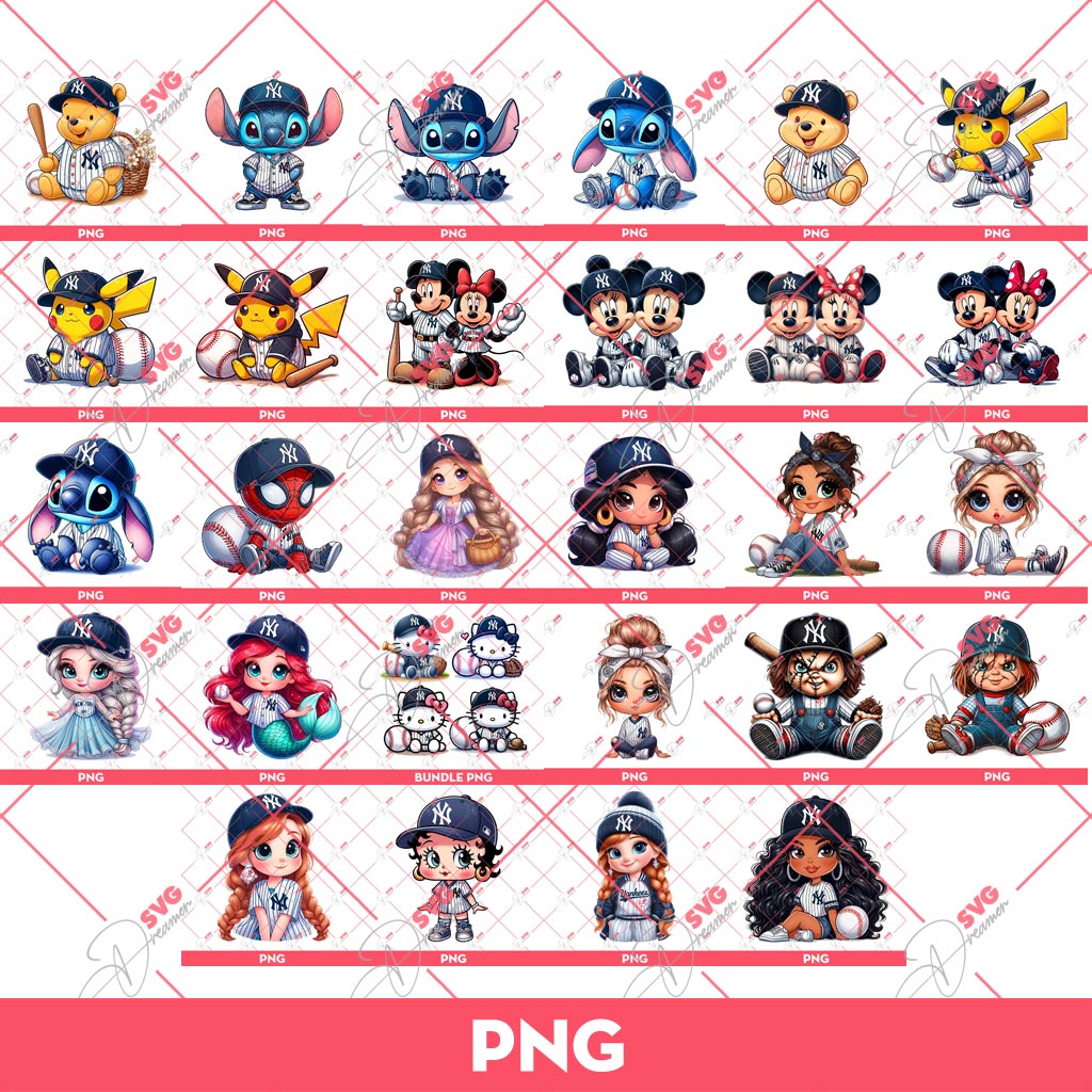 Bundle New York Yankees PNG, Bundle Cartoon Characters MLB Baseball Yankees Team PNG
