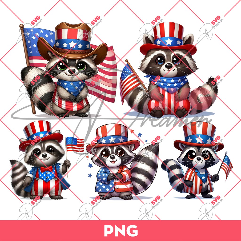 Bundle Raccoon Independence Day PNG, Cute Raccoon 04th Of July PNG Bundle