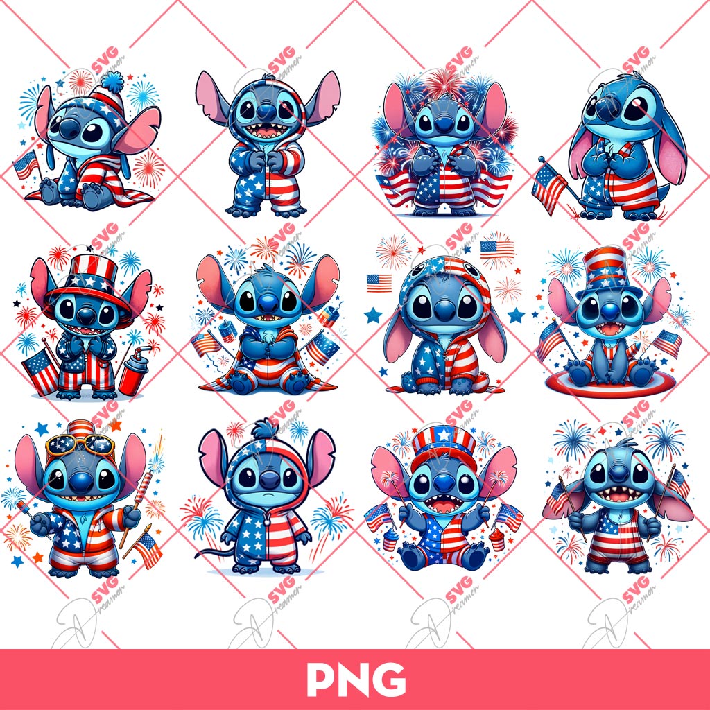Bundle Stitch Celebrating Independence Day PNG, Stitch 04th Of July PNG, Stitch American PNG Bundle