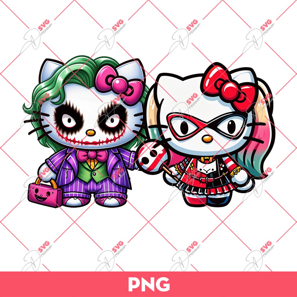Couple Hello Kitty X Joker And Harley Quinn PNG, Hello Kitty Horror Characters PNG, Kitty Halloween PNG