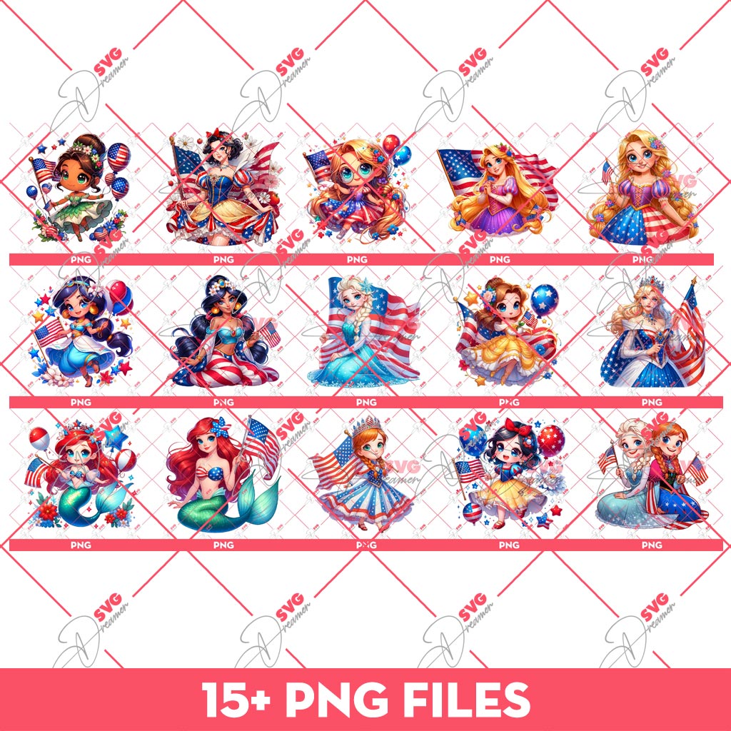 Disney Princess Independence Day PNG Bundle, Princess 04th Of July PNG Bundle