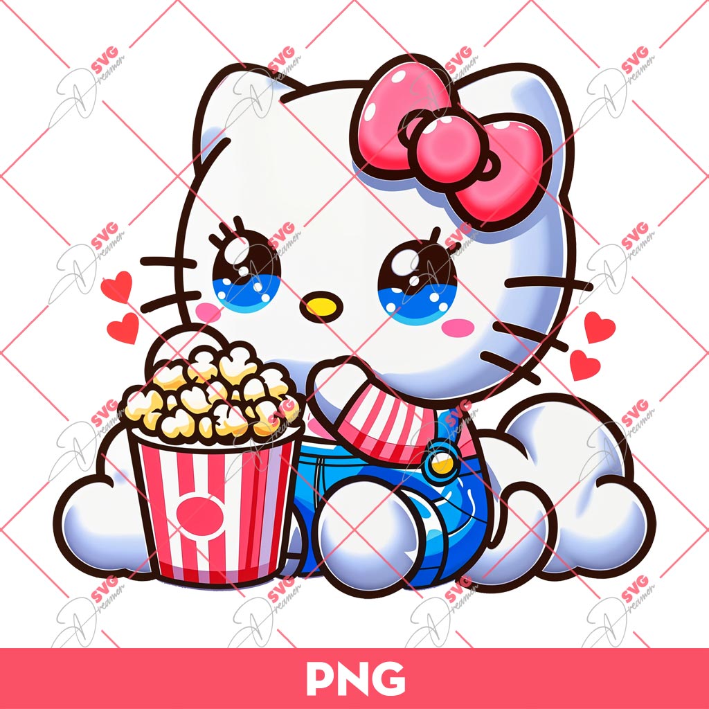 Hello Kitty Eating Popcorn PNG, Cute Kitty And Popcorn PNG