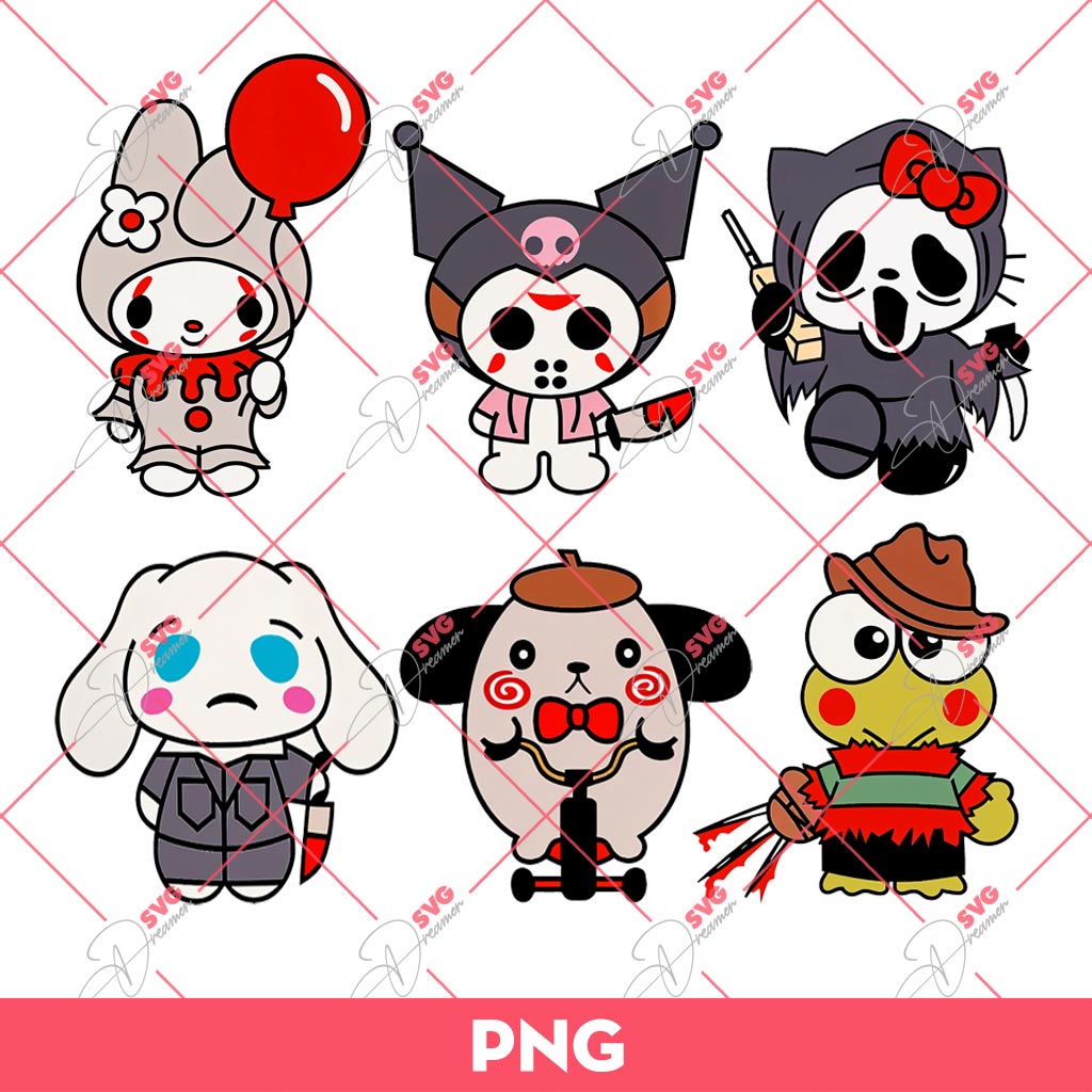 Horror Sanrio Onegai My Melody PNG Bundle, Kuromi Horror Characters PNG, My Melody Horror Characters PNG Bundle