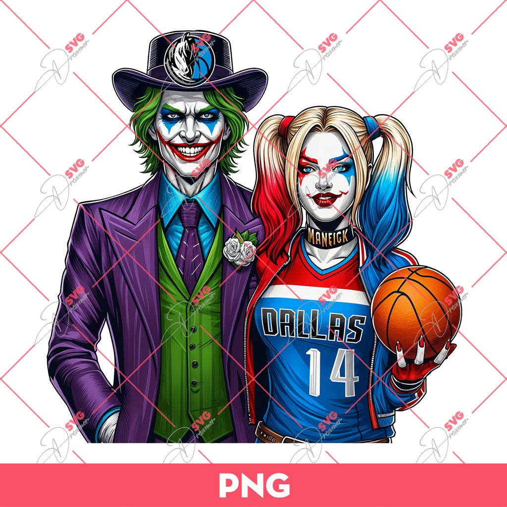 Joker And Harley Quinn Dallas Mavericks PNG, Horror Couple NBA Basketball PNG