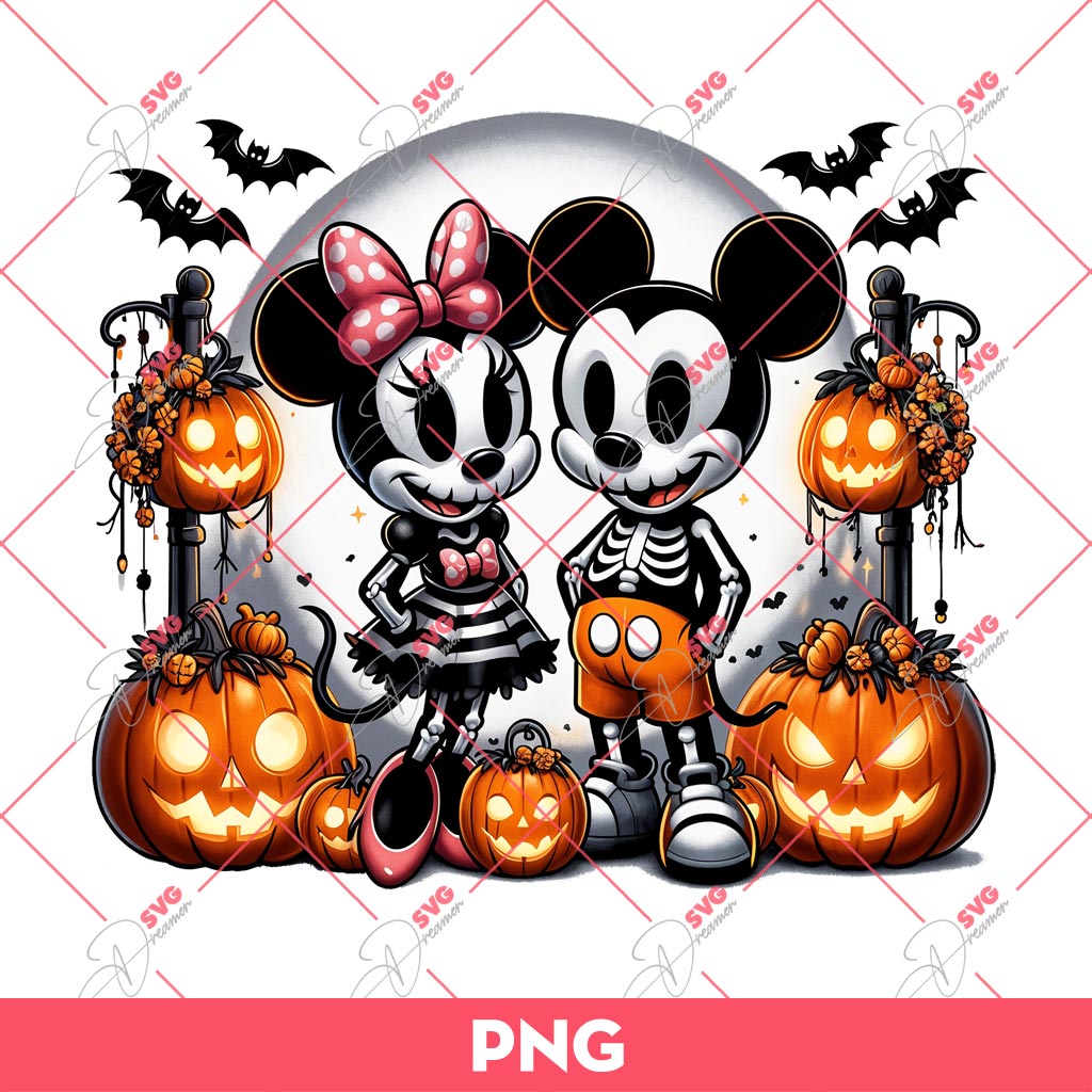 Minnie And Mickey Skeleton PNG, Disney Mouse Halloween PNG, Mickey Minnie Pumpkin Halloween PNG