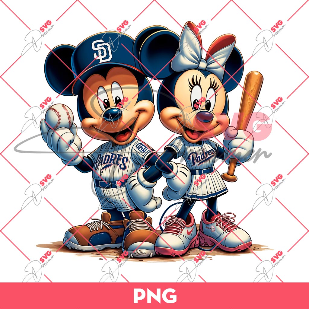 Minnie Mickey Padres Baseball PNG, Disney Mouse Friends MLB San Diego Padres PNG