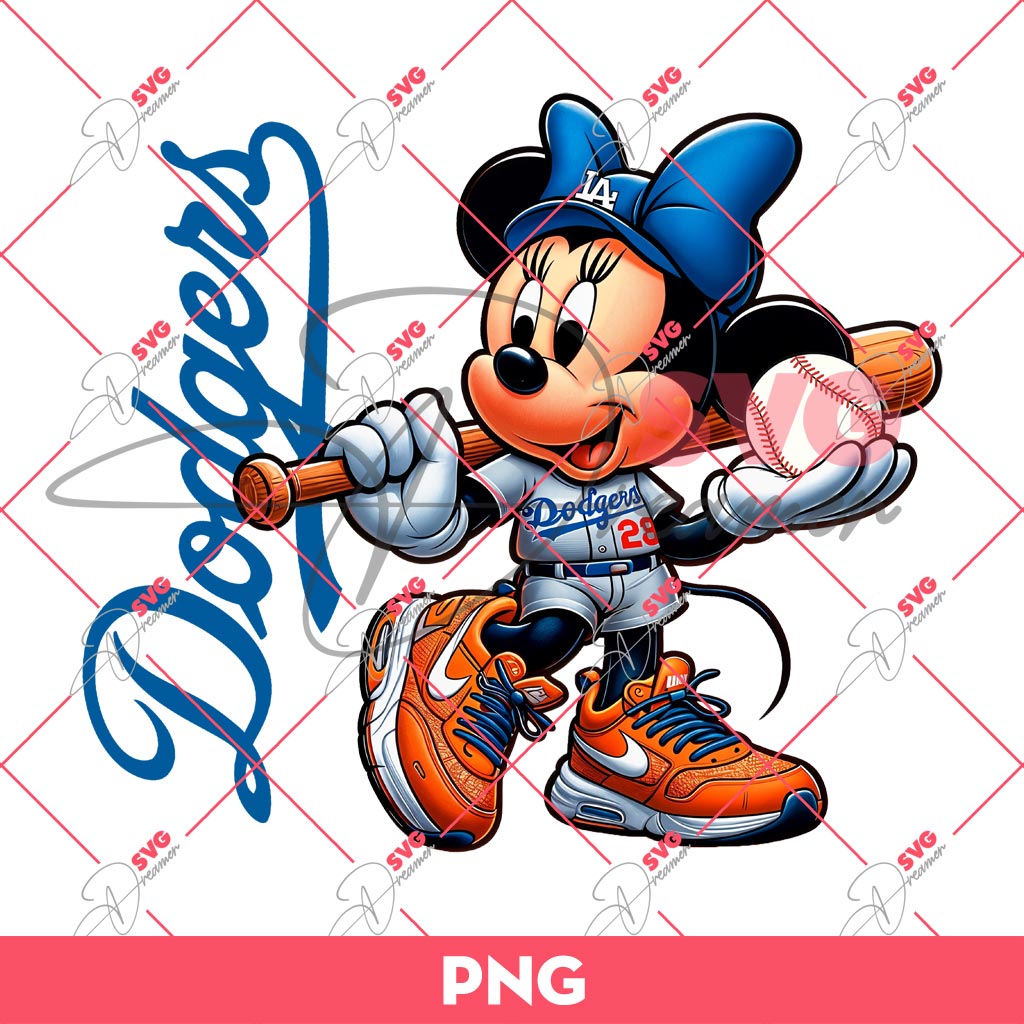 Minnie Mouse Dodgers PNG, Disney Mouse MLB Baseball LA Dodgers PNG