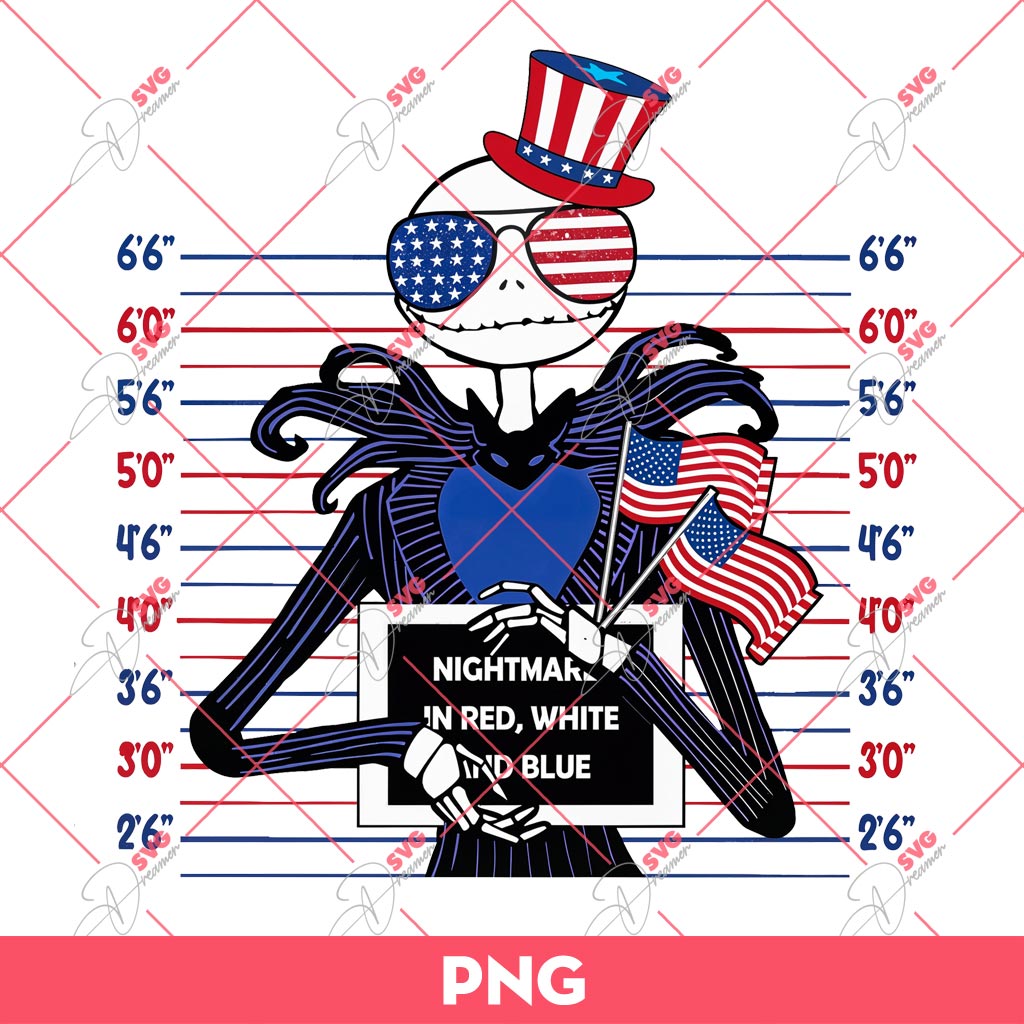 Nightmare In Red White And Blue PNG, Jack Skellington Independence Day PNG, Horror 04th Of July PNG