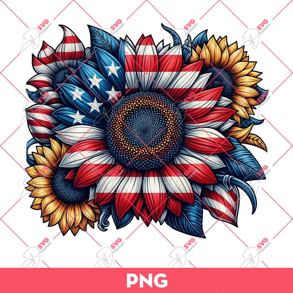 Retro Sunflower US Flag PNG, Independence Day 04th Of July PNG, American PNG