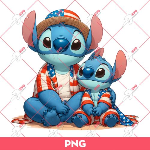 Stitch American PNG, Stitch Daddy PNG, Father And Son Stitch Independence Day PNG