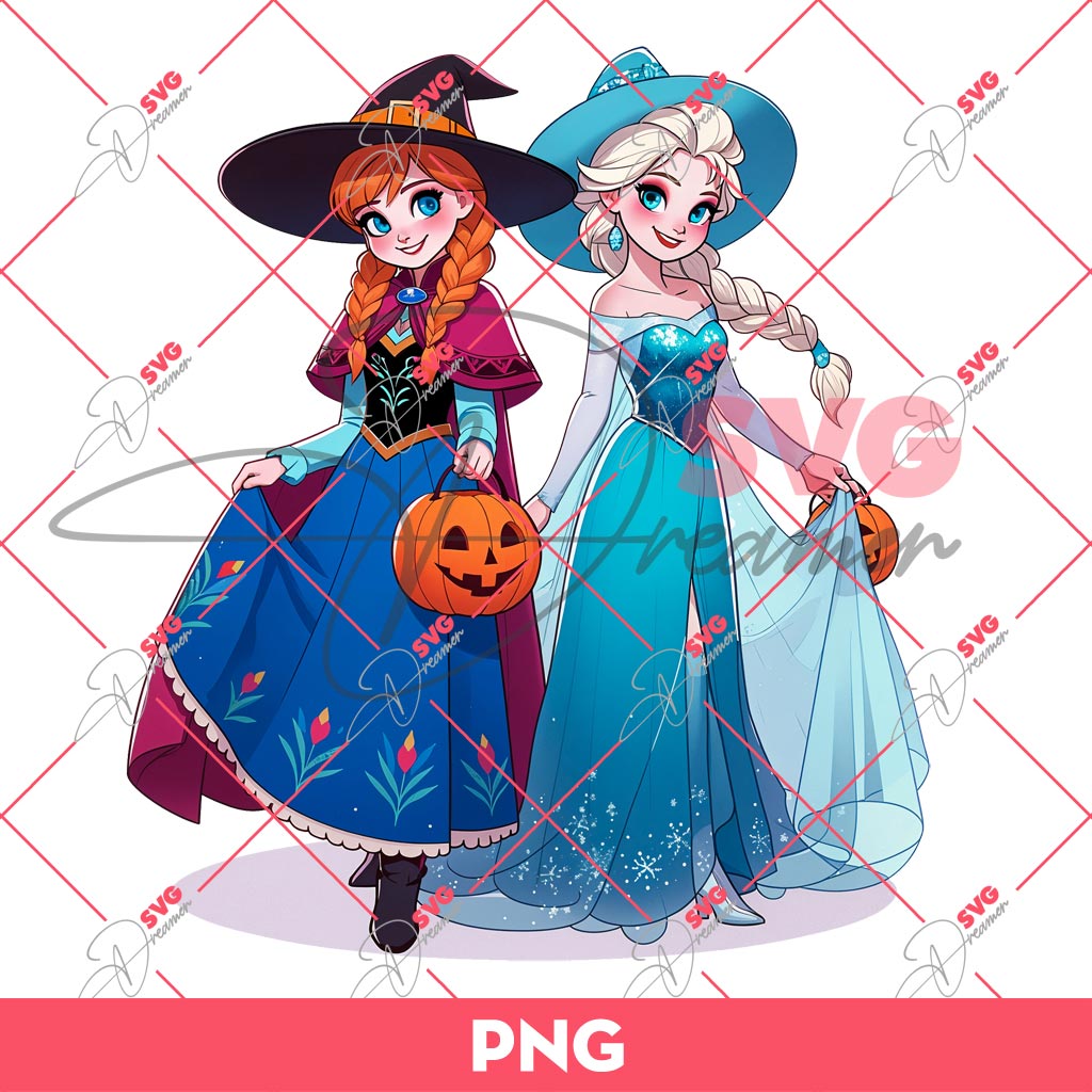 Anna And Elsa Halloween PNG, Disney Princess Halloween PNG, Witch Frozen Halloween PNG