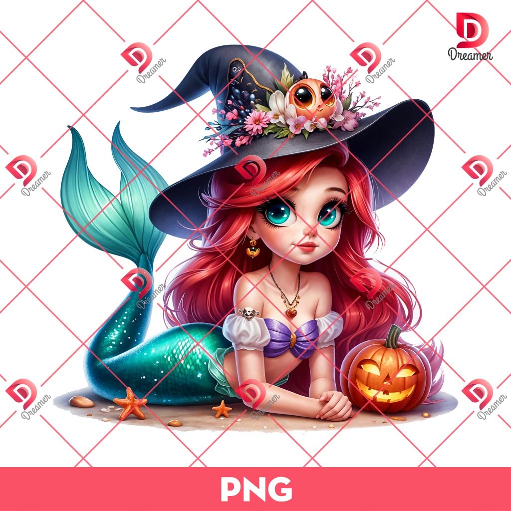 Ariel Mermaid Witch Halloween PNG, Disney Princess Halloween PNG