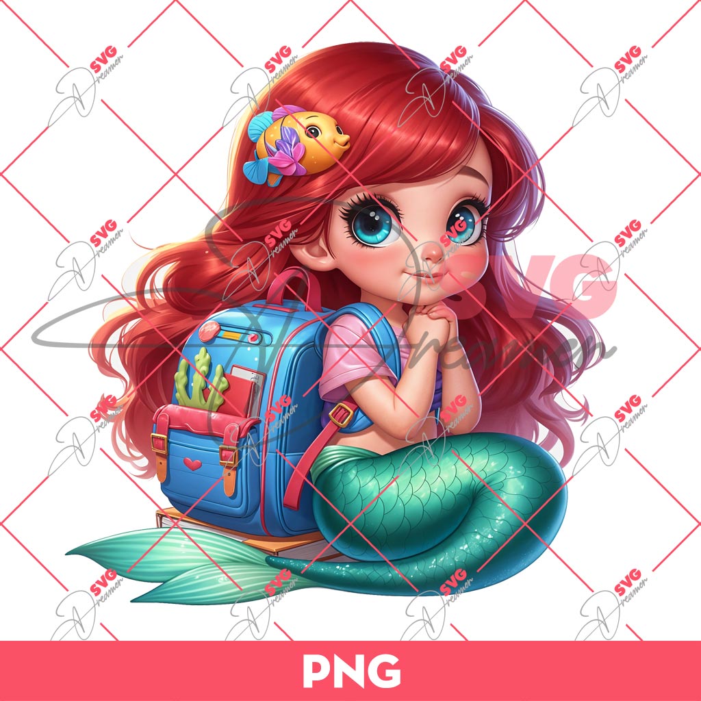 Baby Ariel Mermaid Back To School PNG, Baby Disney Princess PNG, First Day Of School PNG