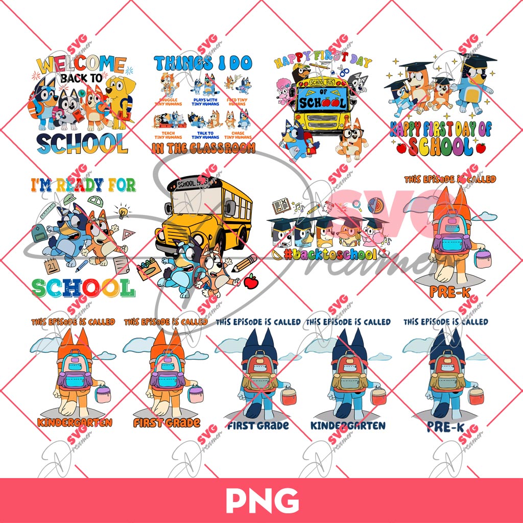Bundle Bluey Back To School PNG, Bluey Bingo School PNG Bundle