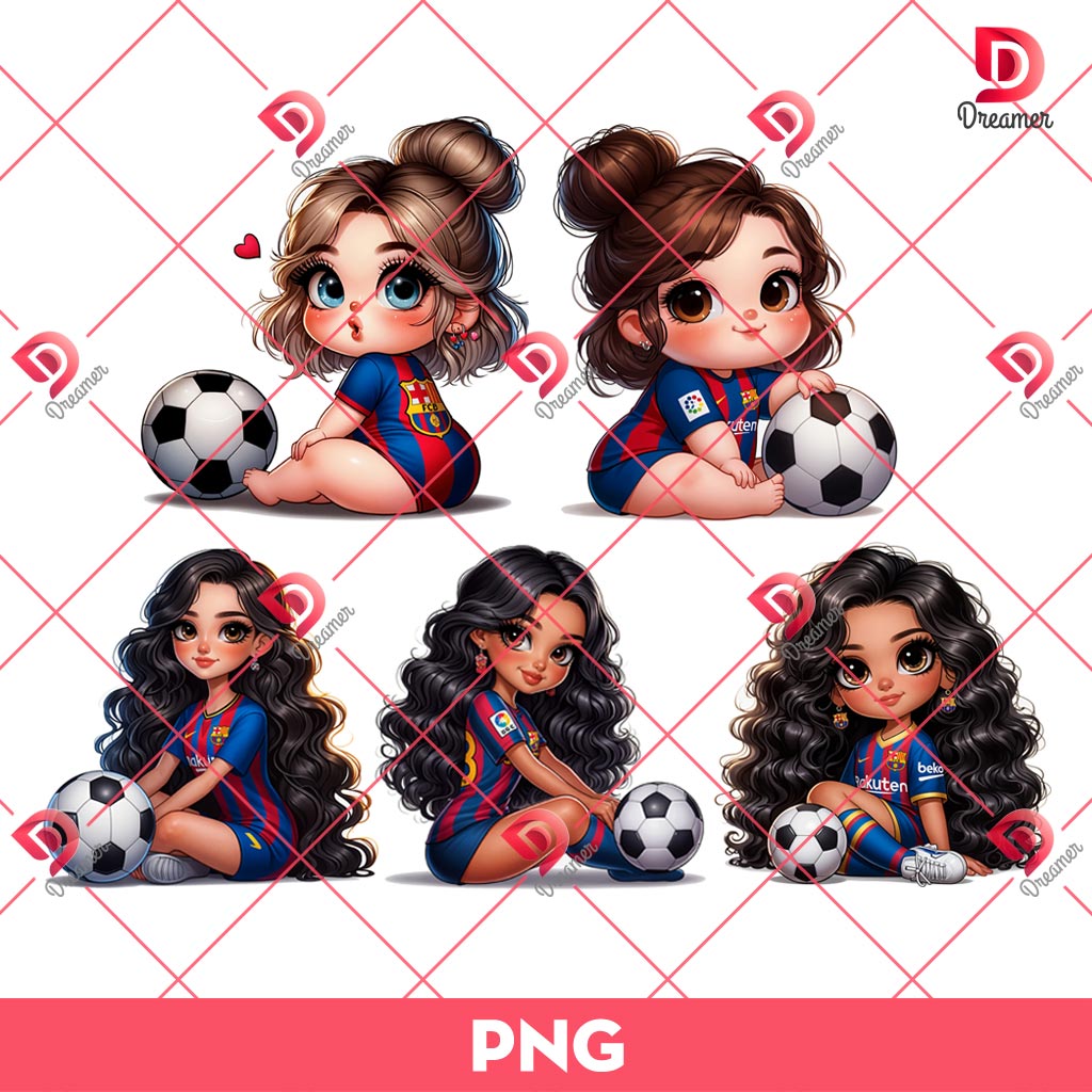 Bundle Cartoon Girl Barcelona Soccer PNG, Cute Girl Barcelona FC PNG Bundle (5 Designs)