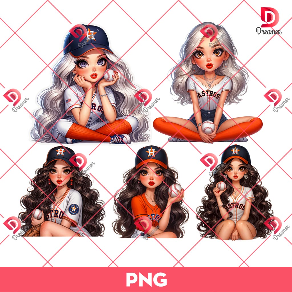 Bundle Cute Cartoon Girl MLB Astros PNG, Houston Astros Baseball Girl PNG Bundle