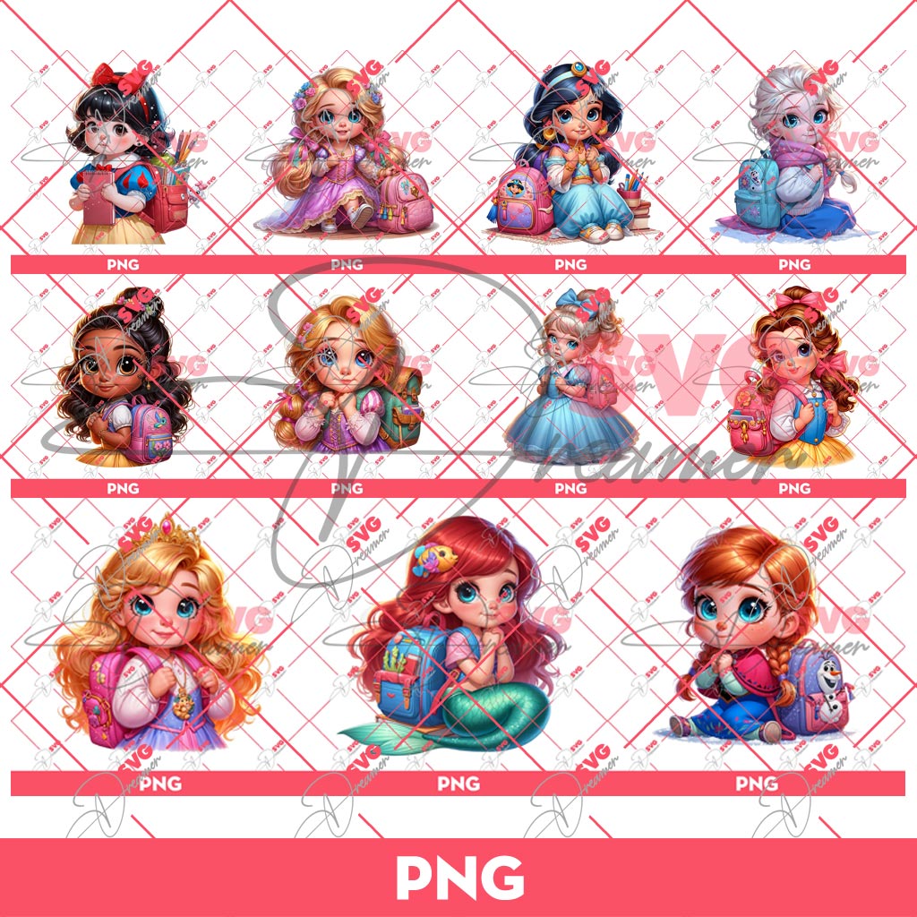 Bundle Disney Princess Back To School PNG, Baby Princess School PNG Bundle