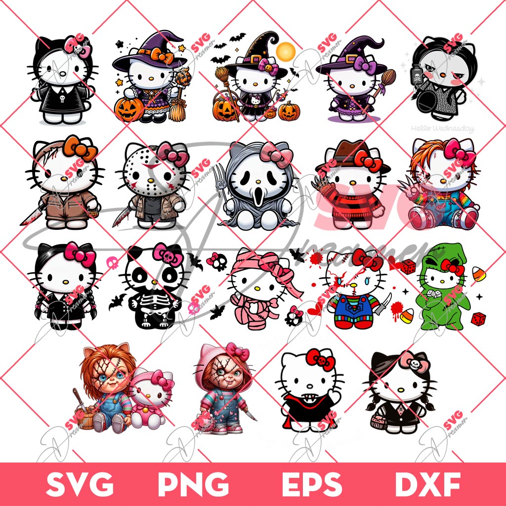 Bundle Hello Kitty Halloween SVG PNG, Bundle Hello Kitty Costume Horror Movie Characters SVG PNG