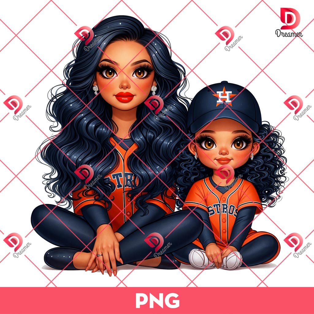 Chicana Mom And Daughter Astros Baseball PNG, Mama And Daughter MLB PNG