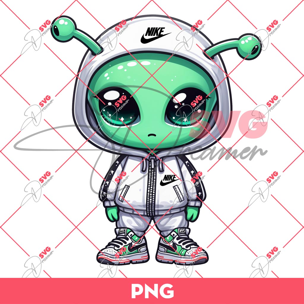 Cute Alien Wearing Nike Outfits PNG, Little Boy Alien Nike Fashion PNG