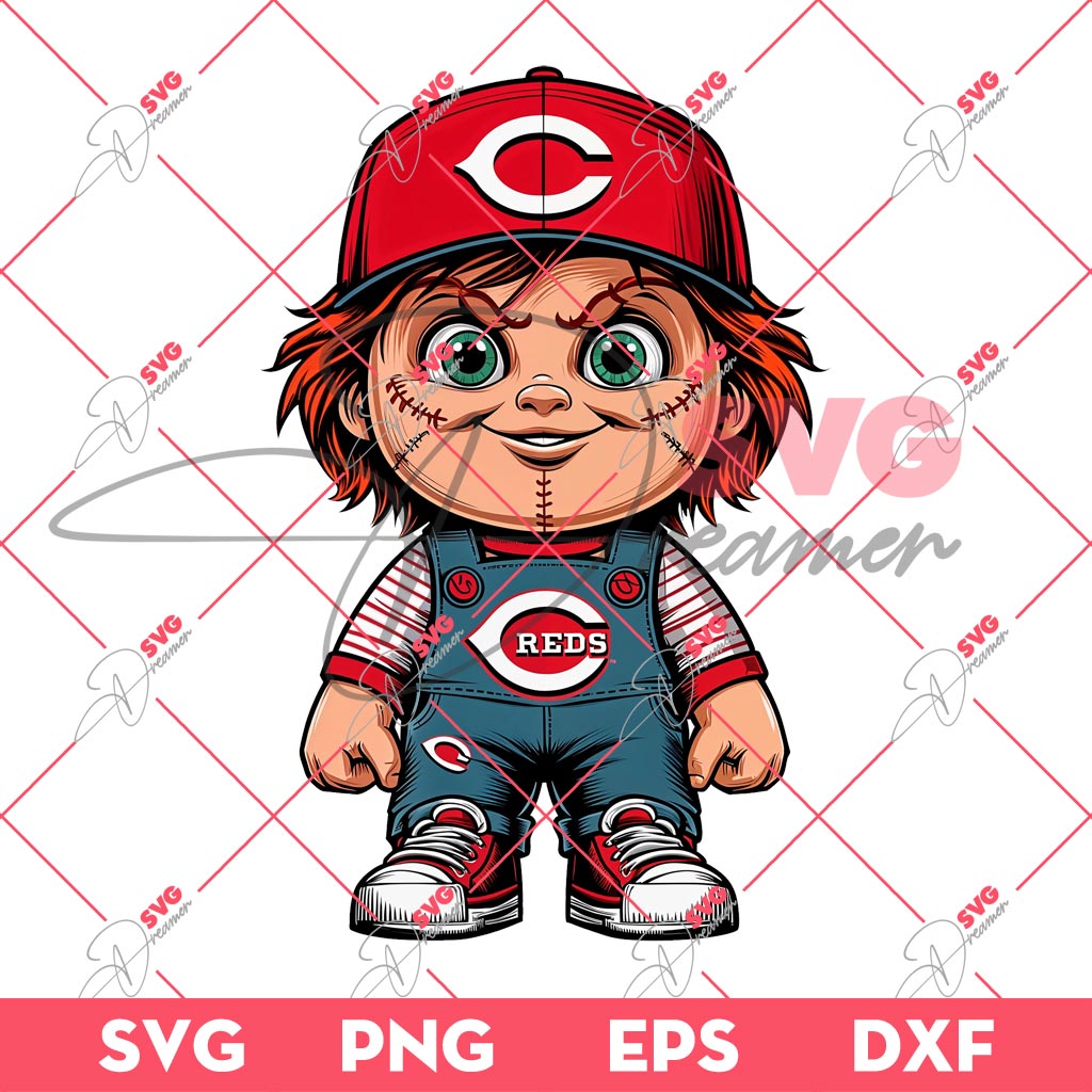 Cute Chucky Cincinnati Reds PNG, Horror Character Baseball PNG