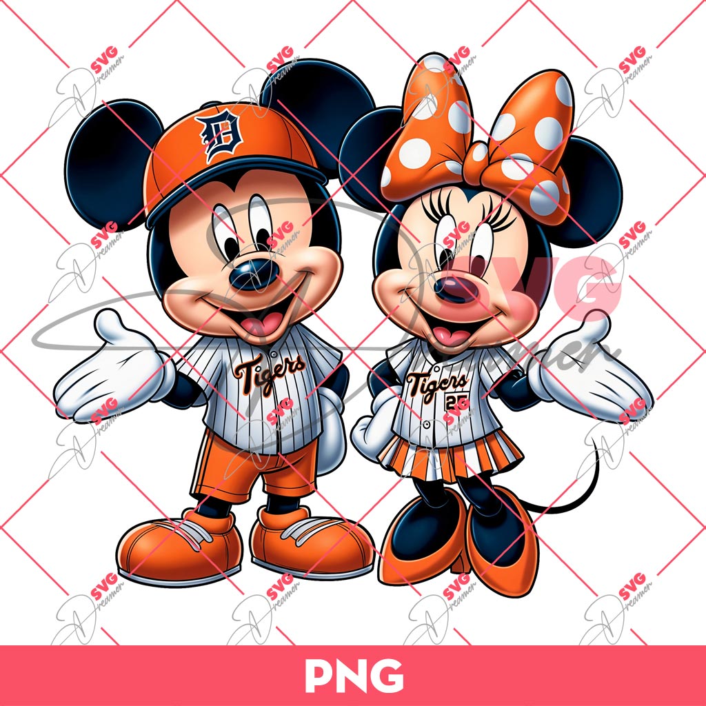 Detroit Tigers Mickey And Minnie PNG, Disney Mickey Minnie Tigers MLB Baseball PNG