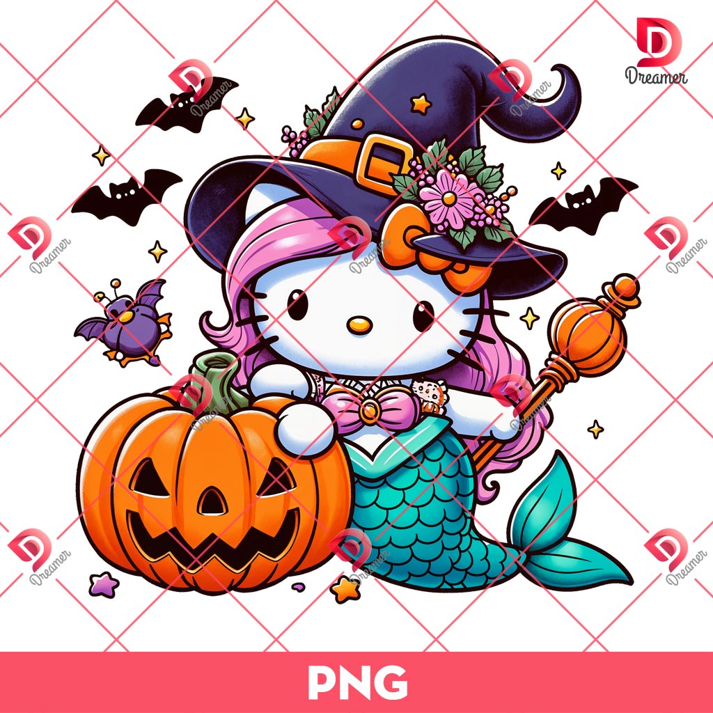 Hello Kitty Ariel Mermaid Halloween PNG, Ariel Princess Hello Kitty Witches PNG