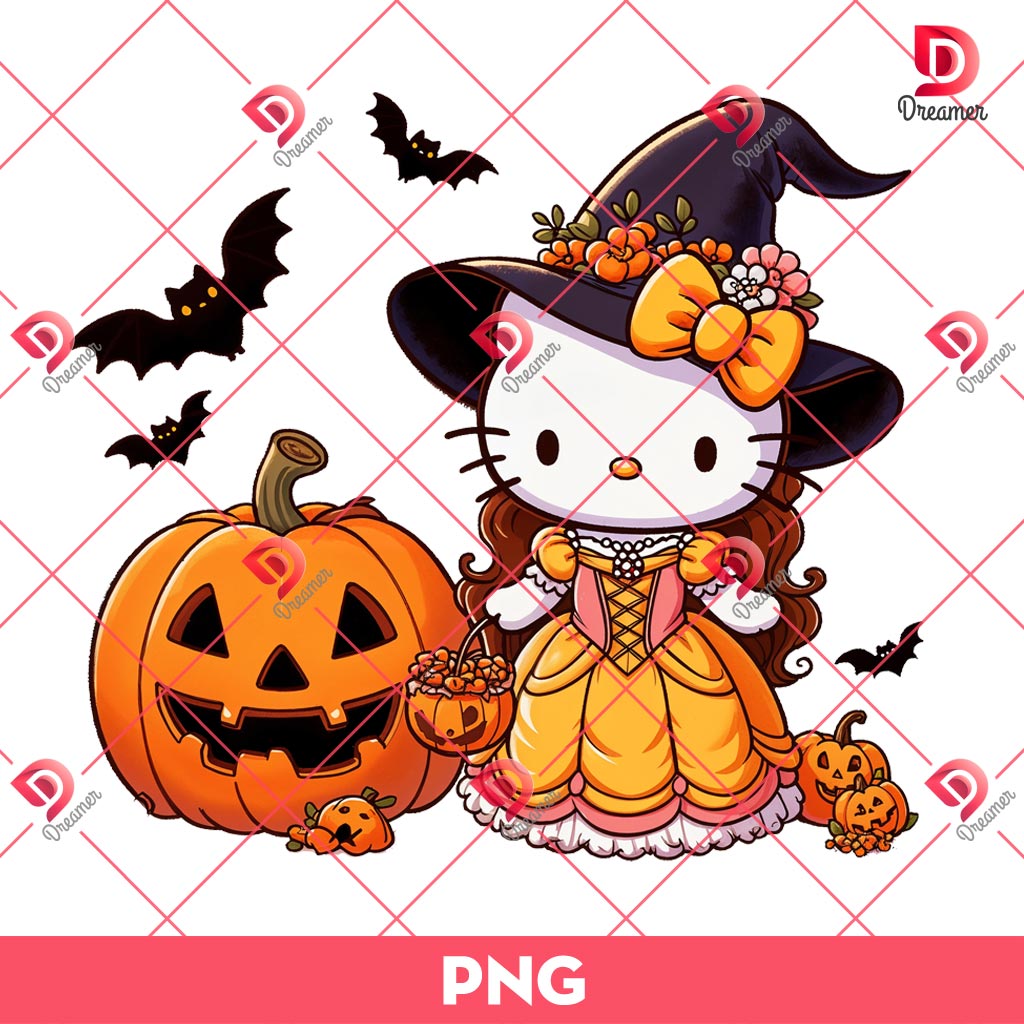 Hello Kitty Belle Princess Halloween PNG, Belle Hello Kitty Witch Halloween PNG