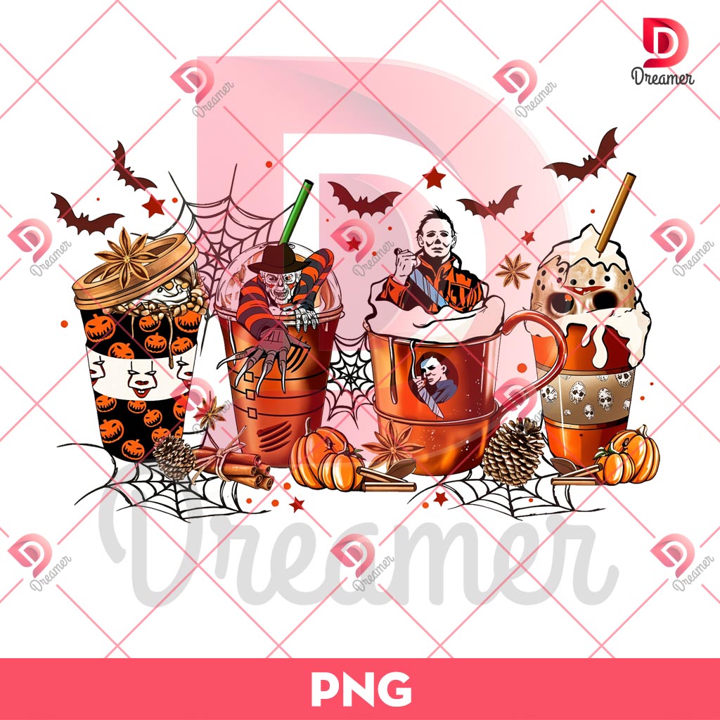 Horror Characters Coffee Cups Halloween PNG, Spooky Season PNG, Spooky Halloween PNG