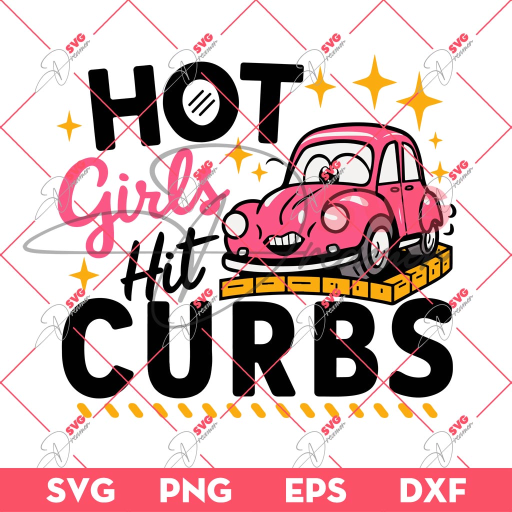Hot Girls Hit Curbs SVG PNG EPS DXF, Cute Cartoon Pink Car SVG PNG