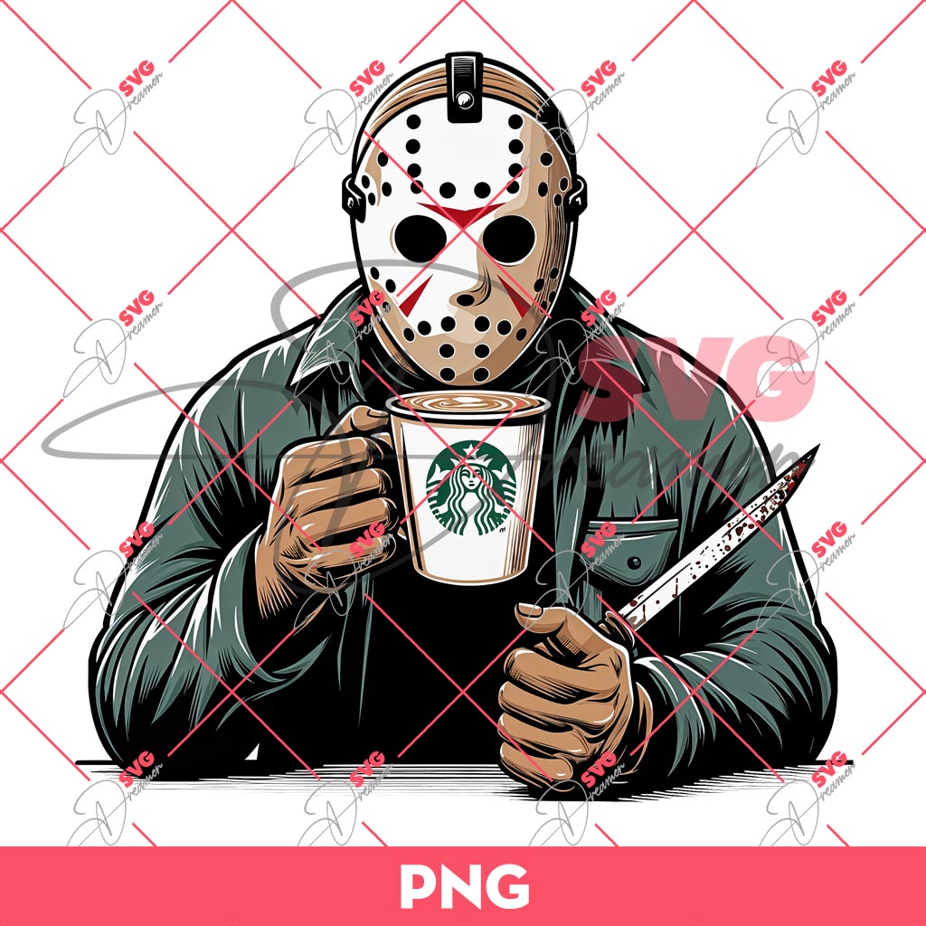 Jason Voorhees Drinks Starbucks Coffee PNG, Horror Killer Coffee PNG, Halloween Coffee PNG