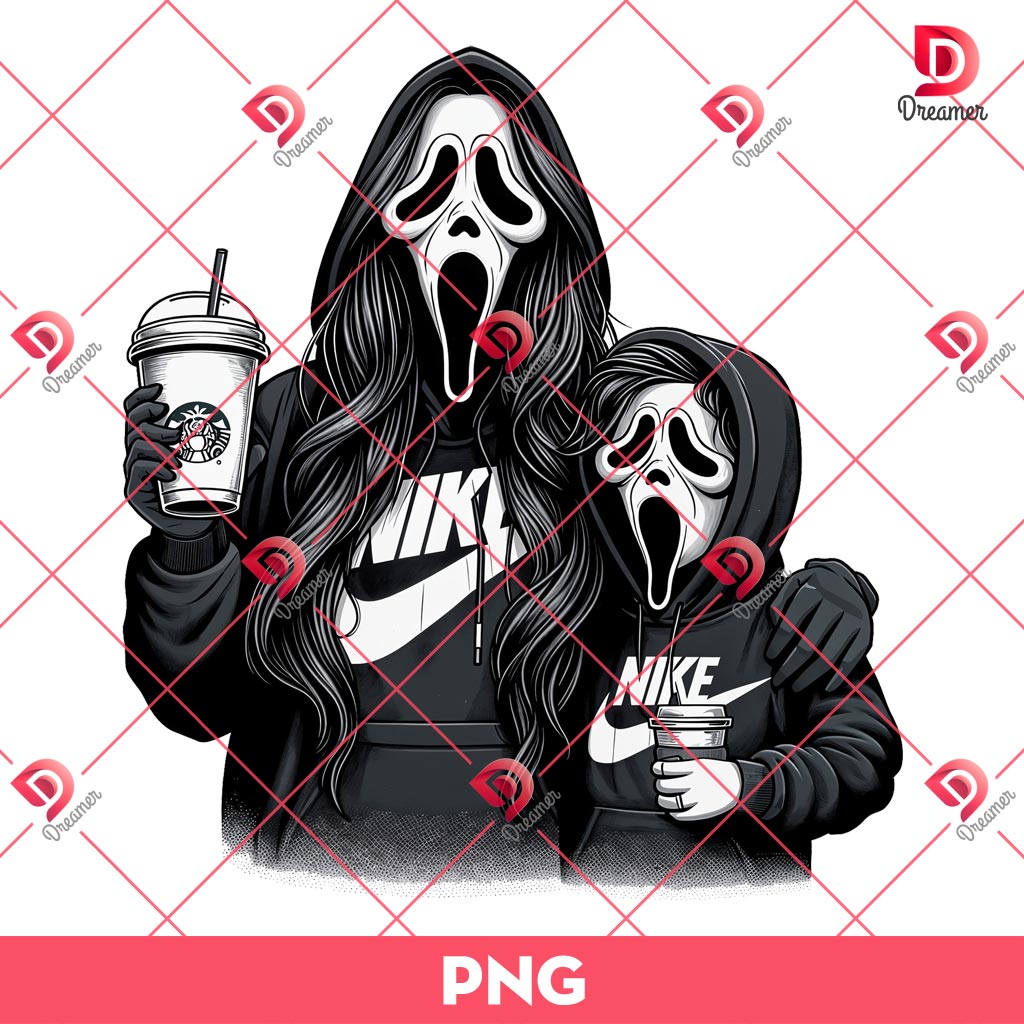 Mama And Son Ghostface Scream Coffee Starbucks PNG, Horror Mama Halloween PNG