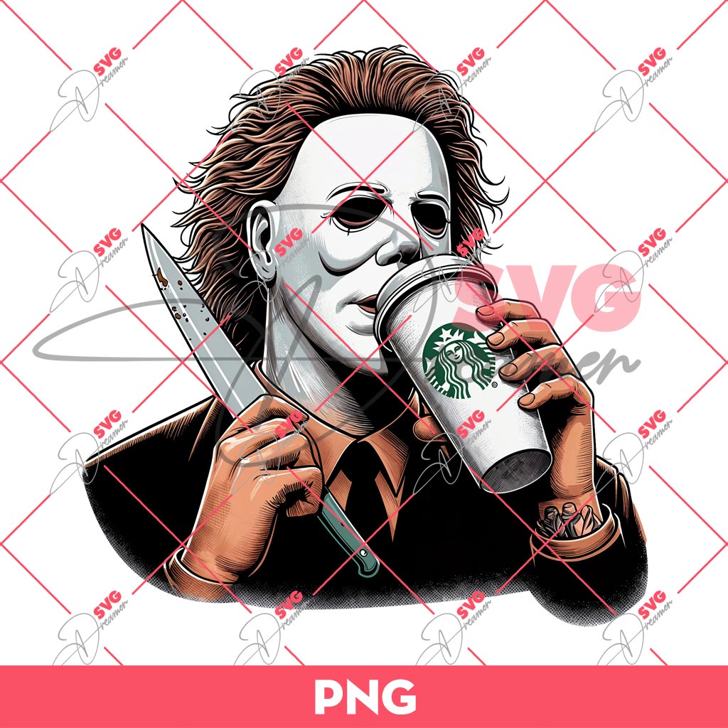 Michael Myers Drinks Starbucks Coffee PNG, Horror Killer Coffee PNG, Halloween Coffee PNG