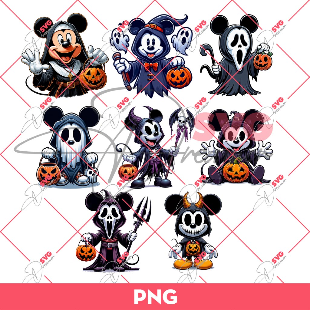 Mickey Mouse Halloween PNG Bundle, Mickey Costume Horror Characters Halloween PNG Bundle