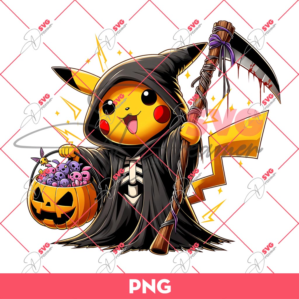 Pikachu Grim Reaper Halloween PNG, Pokemon Pikachu Death Halloween PNG