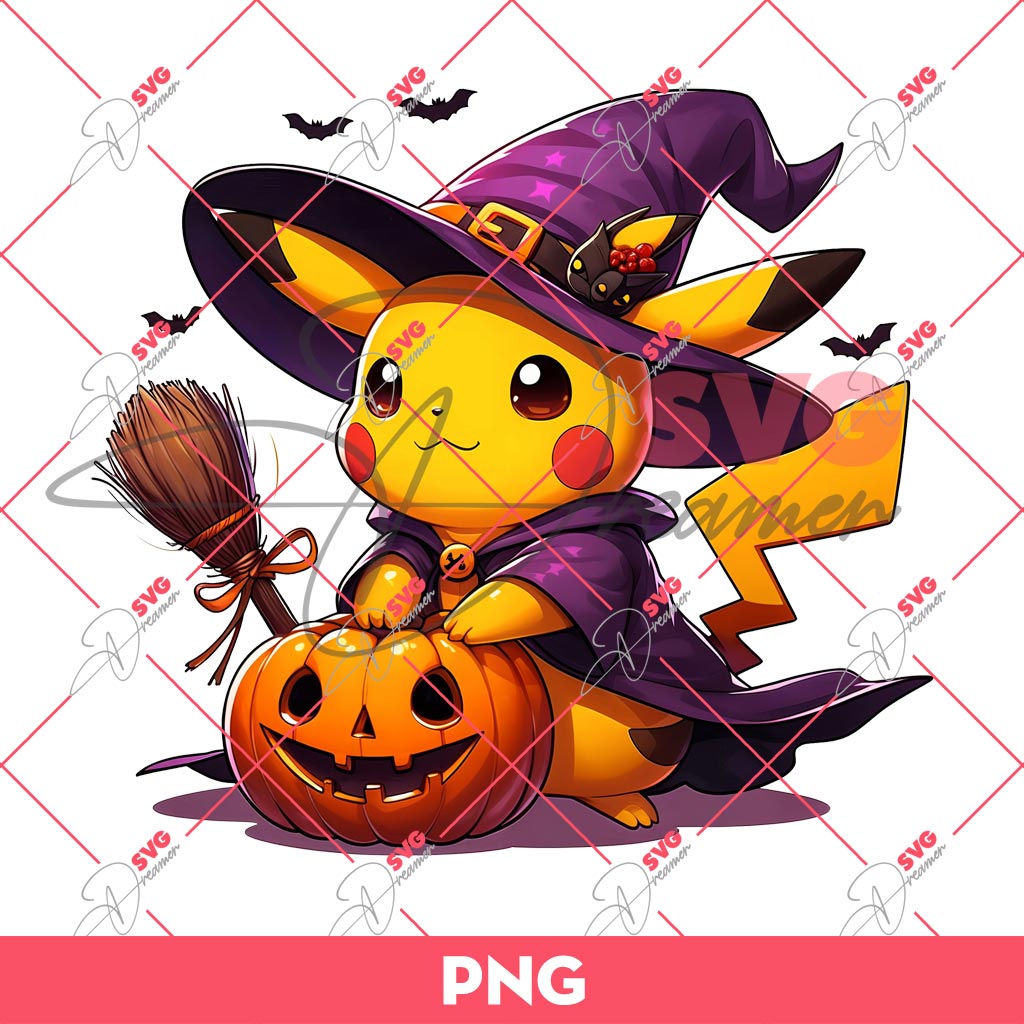 Pikachu Witch And Pumpkin Halloween PNG, Pokemon Pikachu Halloween PNG