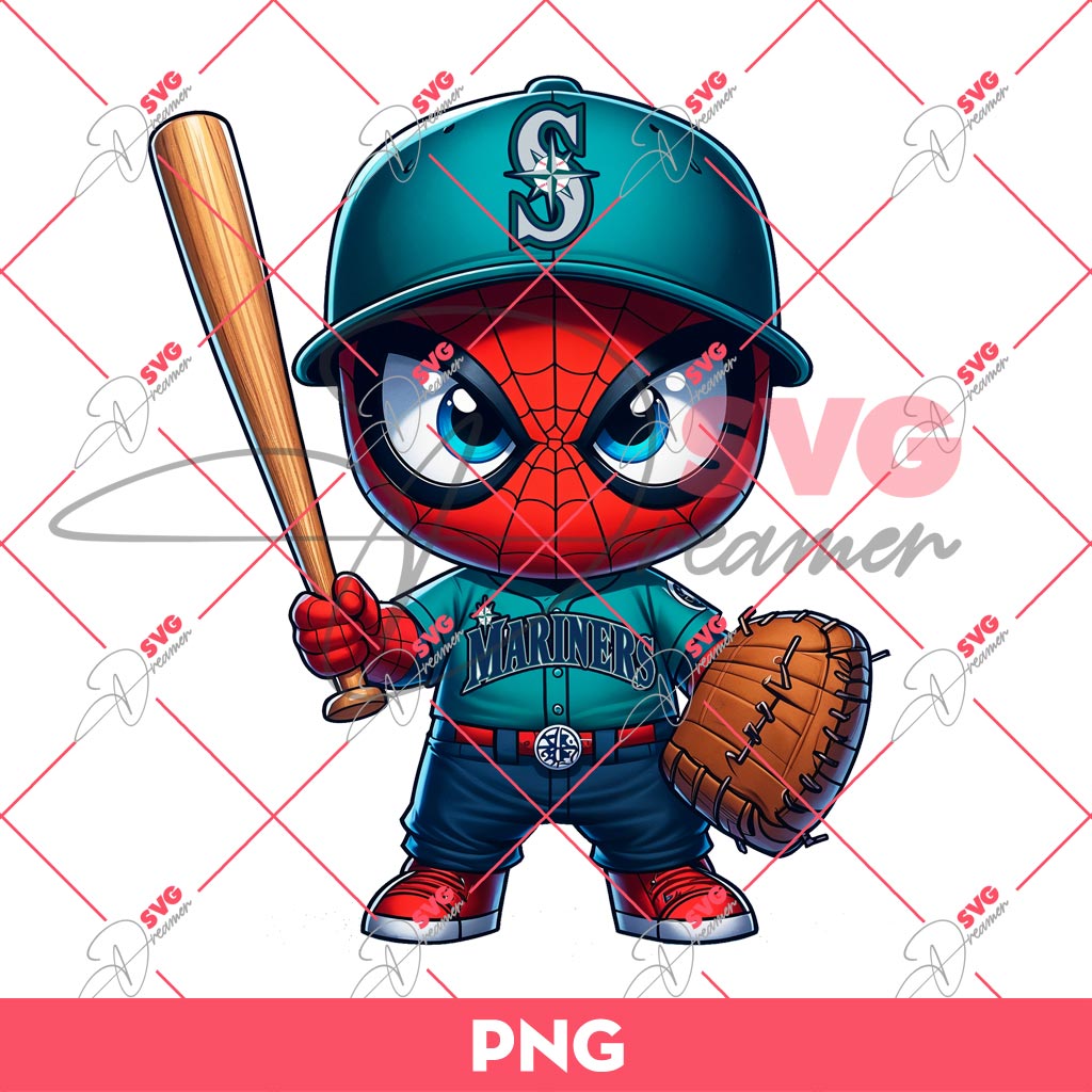 Seattle Mariners Spiderman PNG, Baby Spiderman MLB Baseball PNG