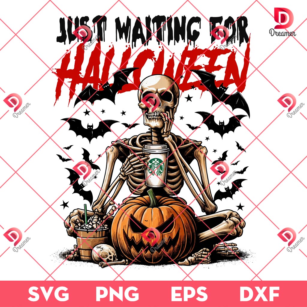 Skeleton Just Waiting For Halloween PNG, Skeleton And Pumpkin Halloween PNG, Skeketon Coffee Halloween PNG